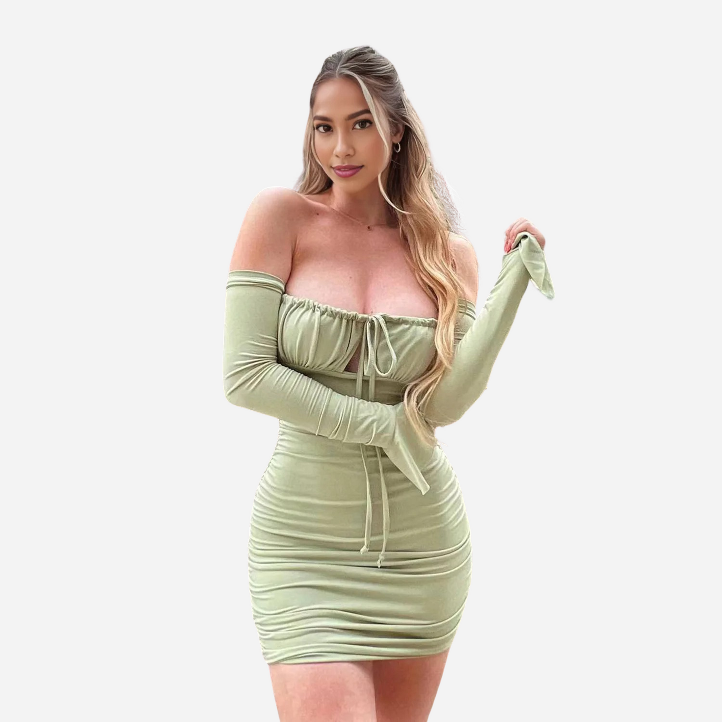 Women's Slim Off-shoulder Long Sleeve Tie Pleated Short Dress