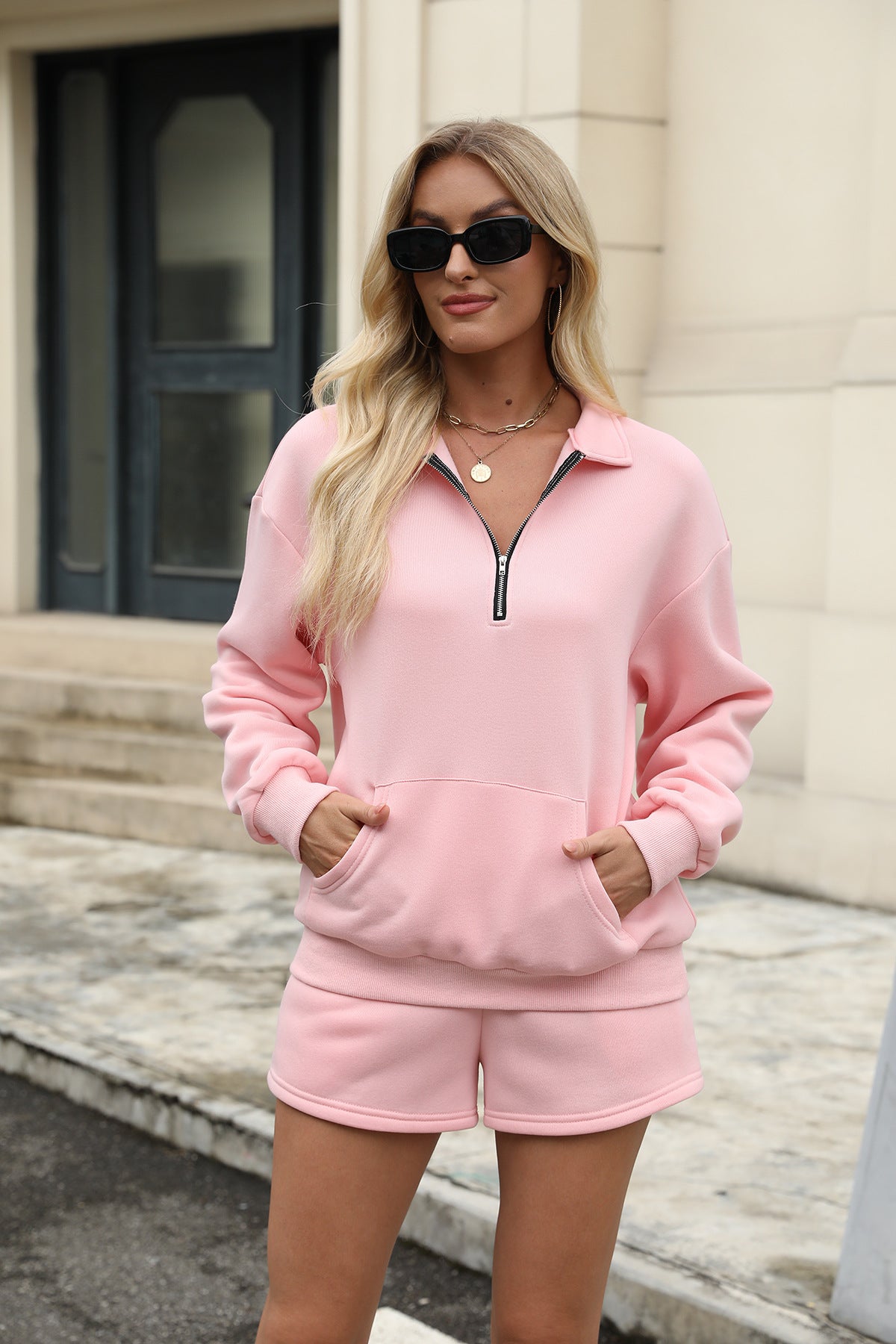 Sweatshirt Lapel Zipper with Loose Shorts Set