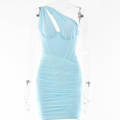 Light blue one-shoulder bodycon dress with ruched details displayed on a clear mannequin.