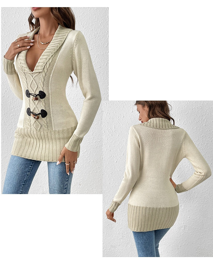 Slim-fit V-neck Mid-length Twisted Pullover Sweater