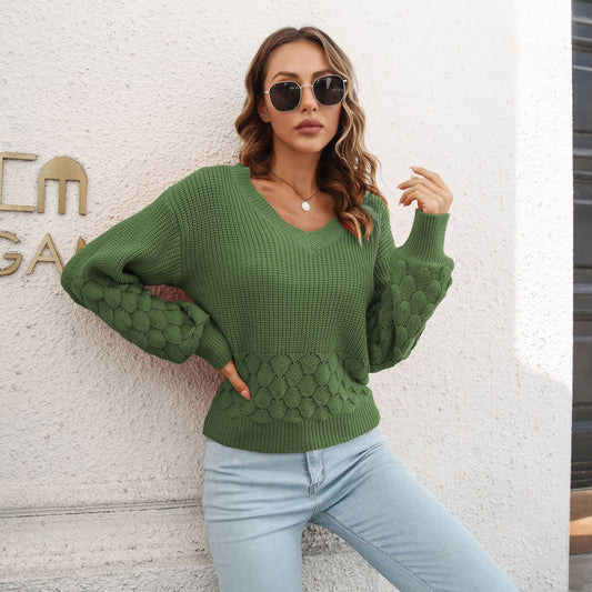 Loose Lantern Sleeve V Neck Sweater - Magic Moon Store