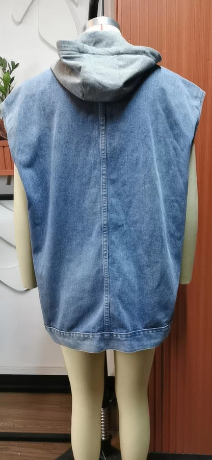 Denim Waistcoat Vest Hooded Detachable