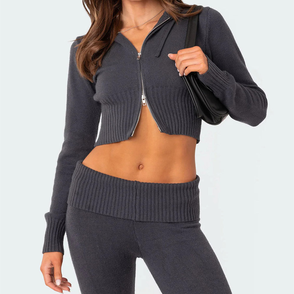 Knitted Hooded Long Sleeve Zipper Cropped Top And Slim Flared Pants Set