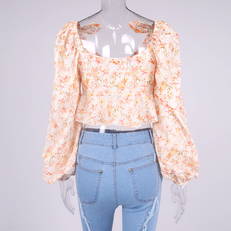 Printed Ruffled Bow Puff Sleeve Lace-up Chiffon Shirt