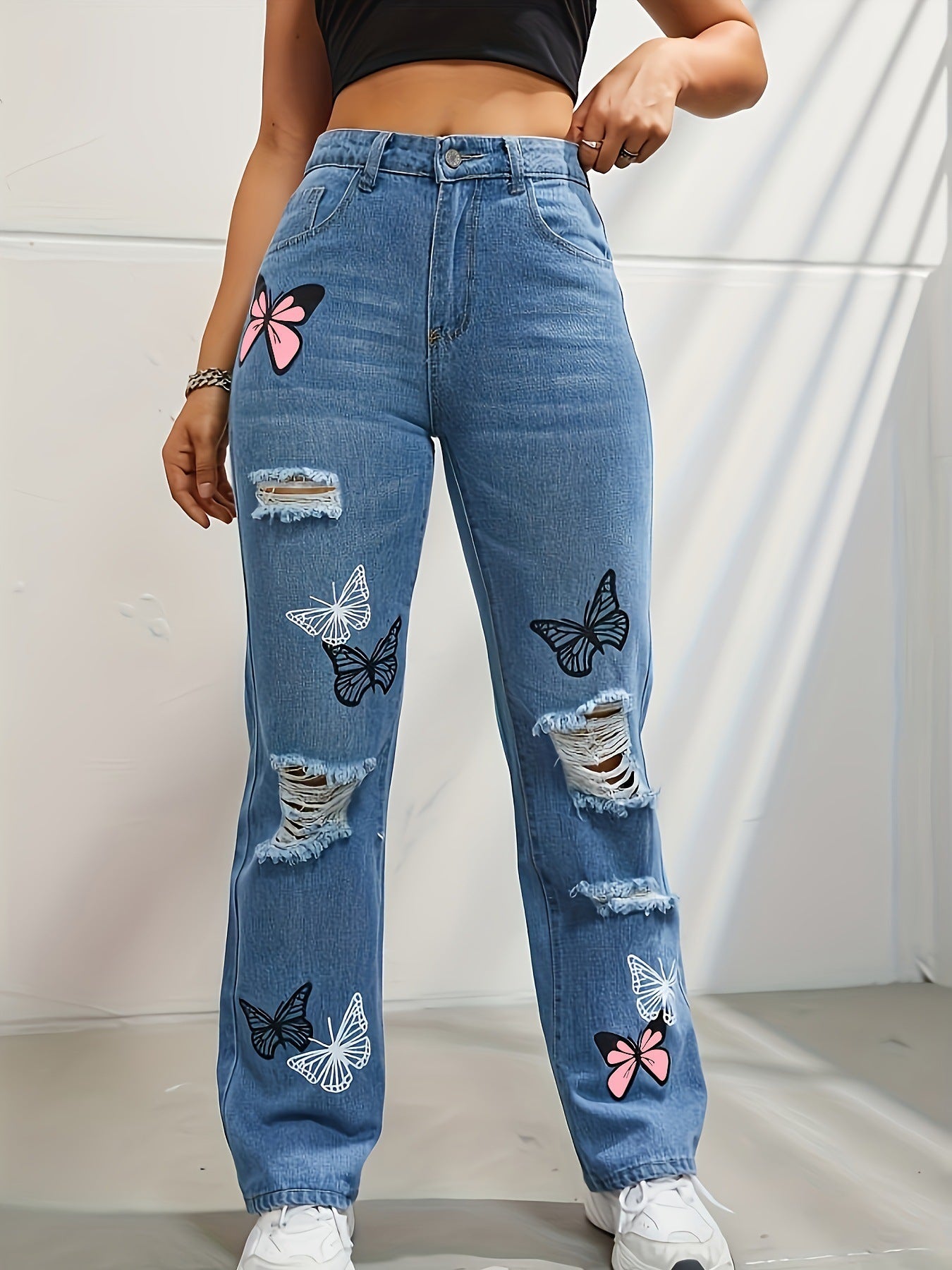 High Waisted Straight Leg Butterfly Jeans