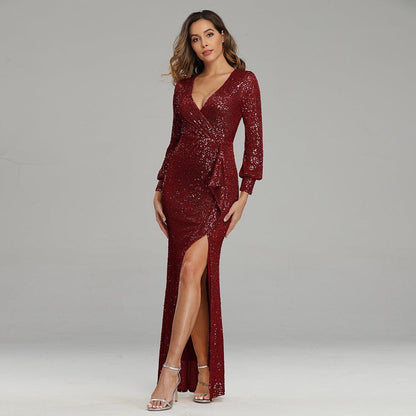 High Slit Long Sleeve Sequined Dress