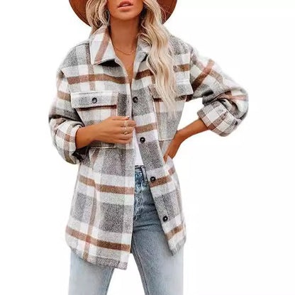 Women's Plaid Buckle Jacket Casual Fashion Long Sleeve