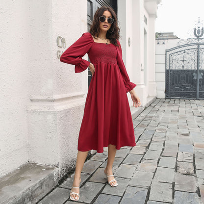 Long Flared Sleeve Pleated Dress