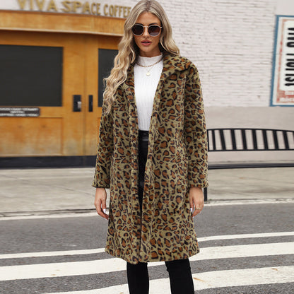 Leopard Print Imitation Fur Plush Lapel Coat - Magic Moon Store