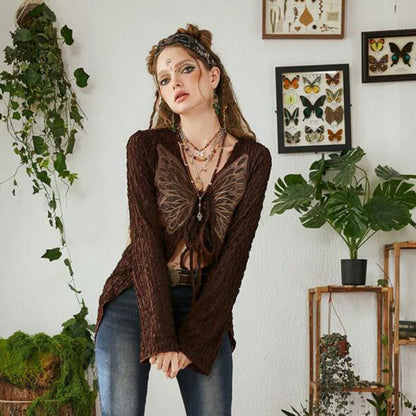 Butterfly Embroidery Tie-neck Cardigan Thin