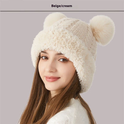 Winter Cute Fur Ball Knitted Hat for Women Outdoor