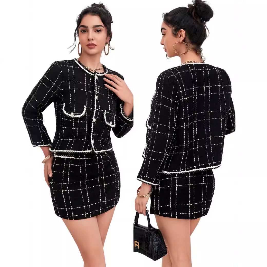 Black Slimming Tweed Skirt & Jacket Set