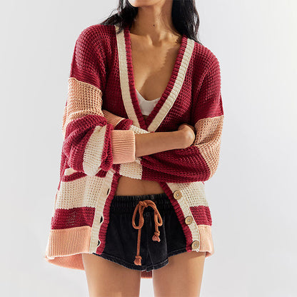 Knitted Pocket Color Matching Cardigan Sweater - Magic Moon Store