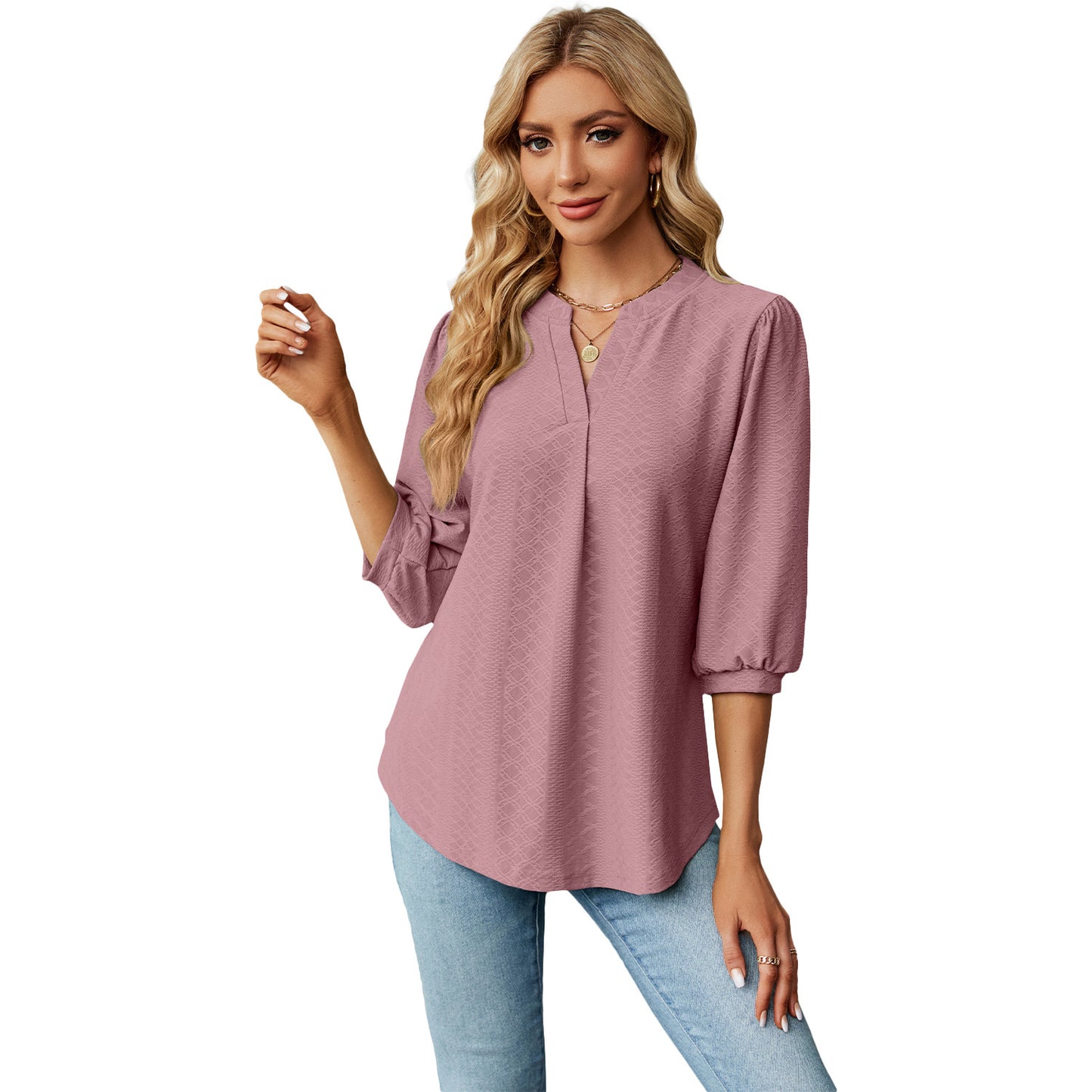 Jacquard Long Sleeve Loose-Fitting T-Shirt