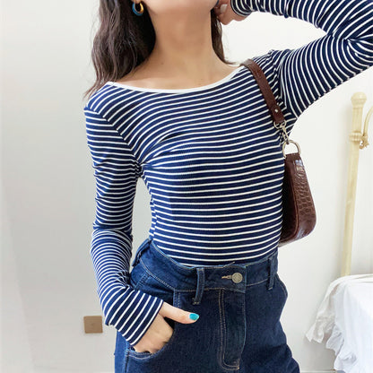 Long-sleeved Striped T-shirt Collar Back