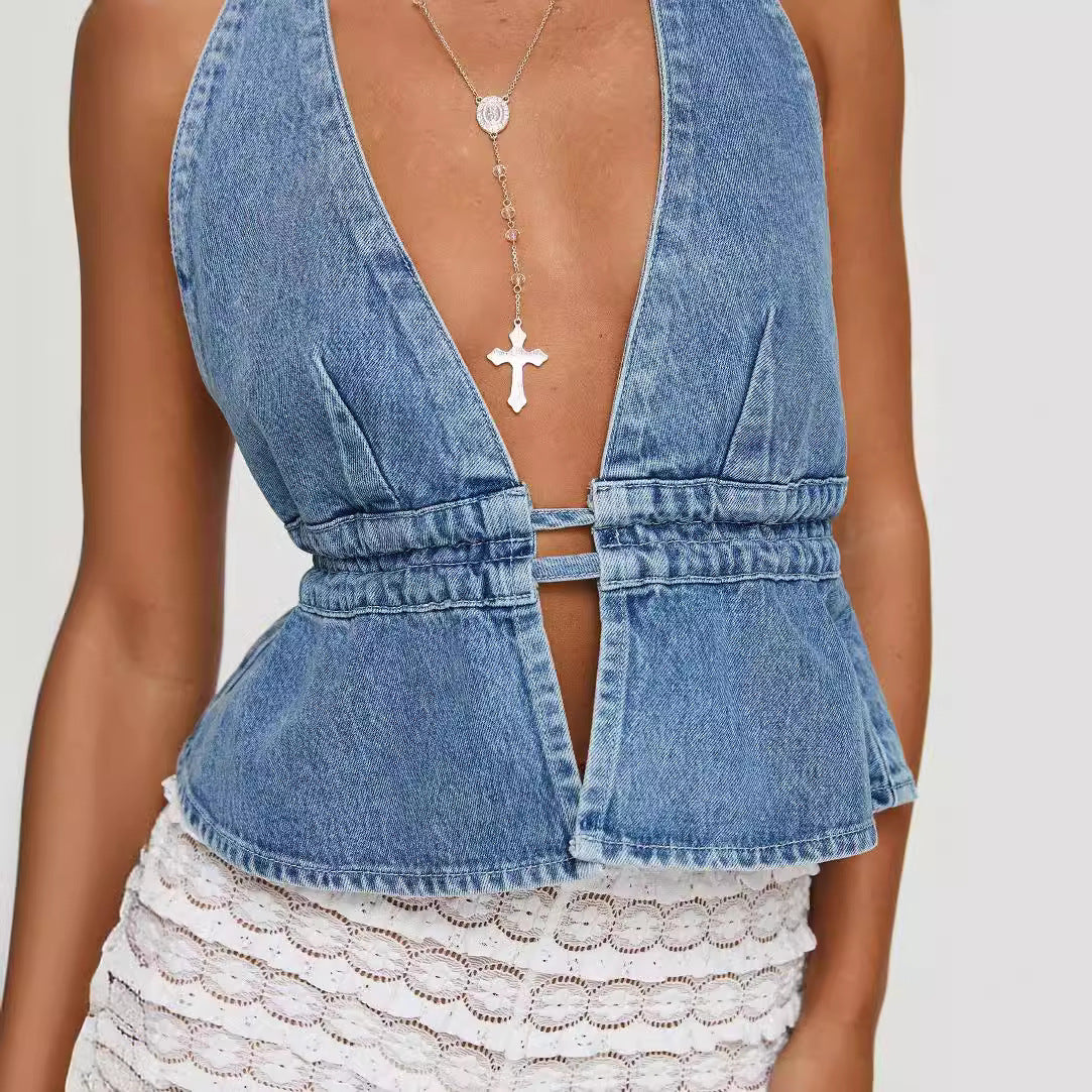 Exposed Back Halter Lace-up Denim Top