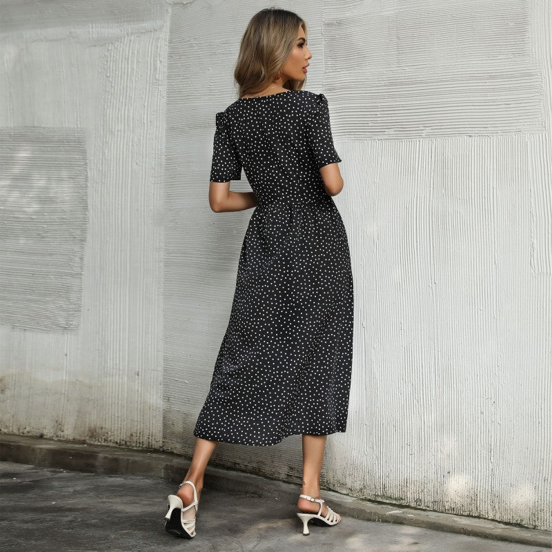 Cross-border V-neck Short Sleeve Polka Dot Dress