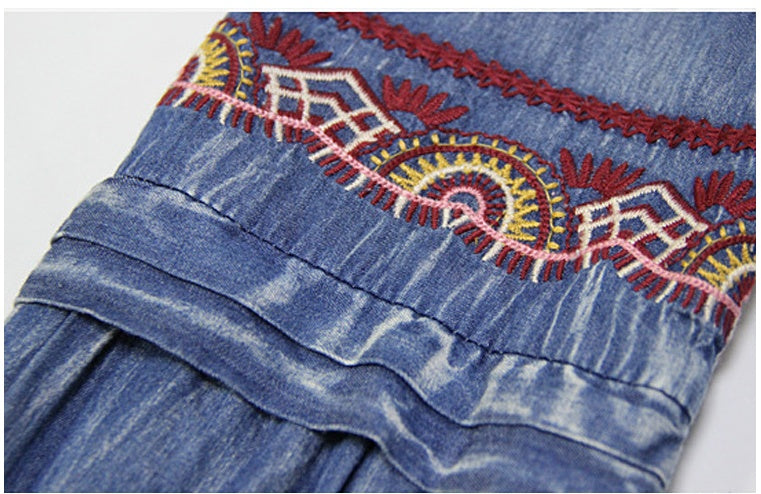 Denim Retro Embroidery Strap Blouse