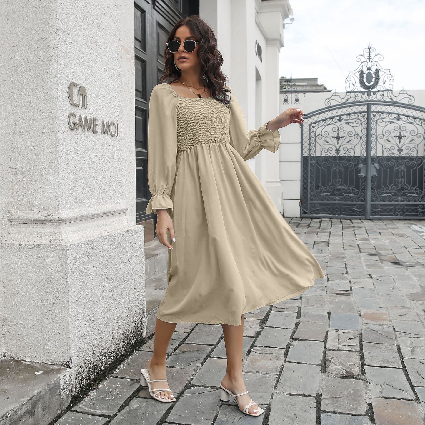 Long Flared Sleeve Pleated Dress