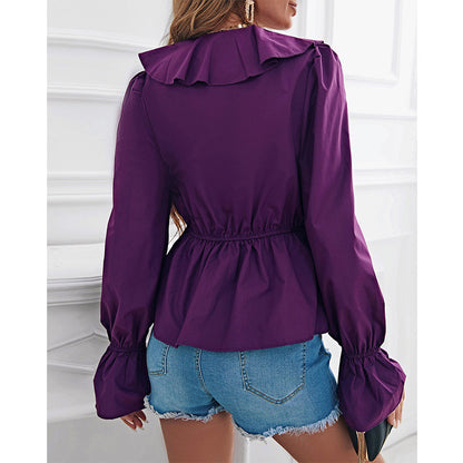 Ruffled V-neck Bottoming Purple Blouse