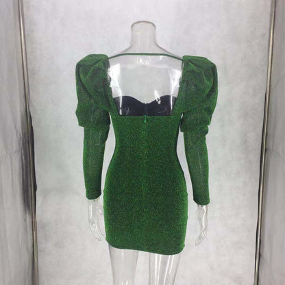 Princess Sleeve Square Neck Skinny Short Green Dress