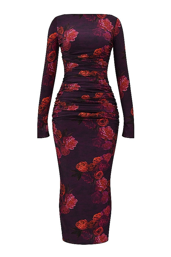 Vintage Print Slim fit Houfu Split Evening Dress