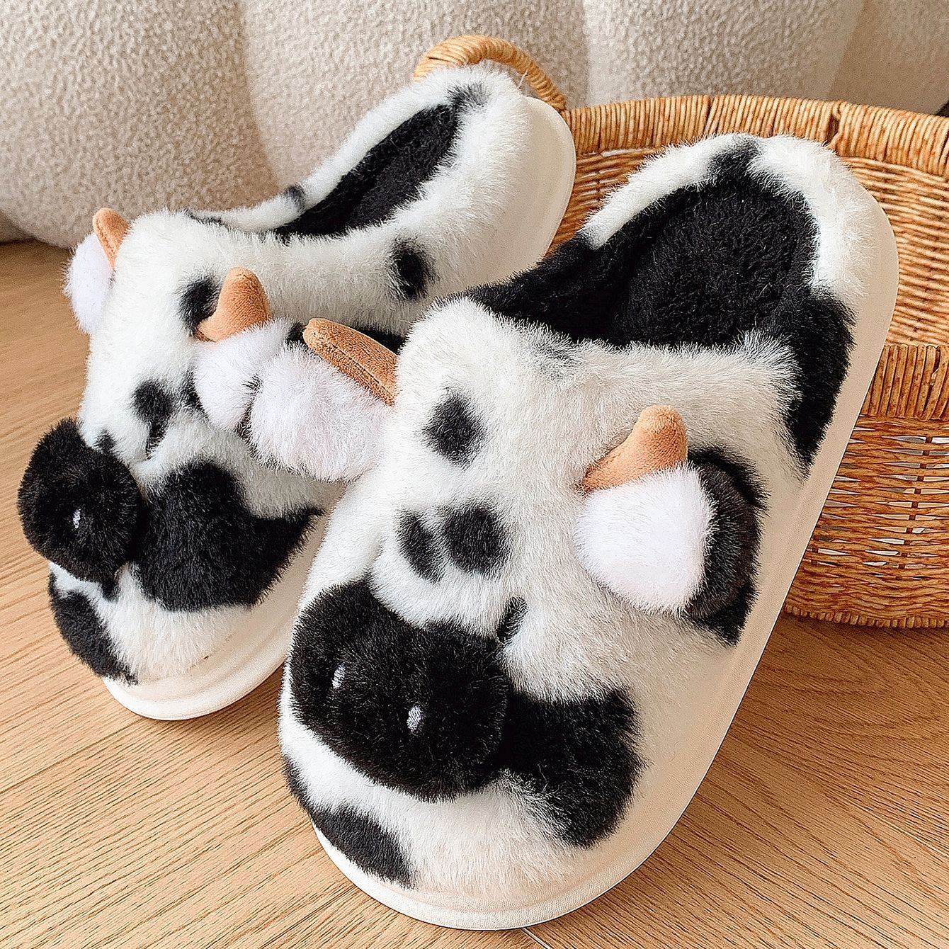 Cute Cartoon Cow Plush Slippers Winter Warm Indoor Bedroom Floor Fuzzy Slipper