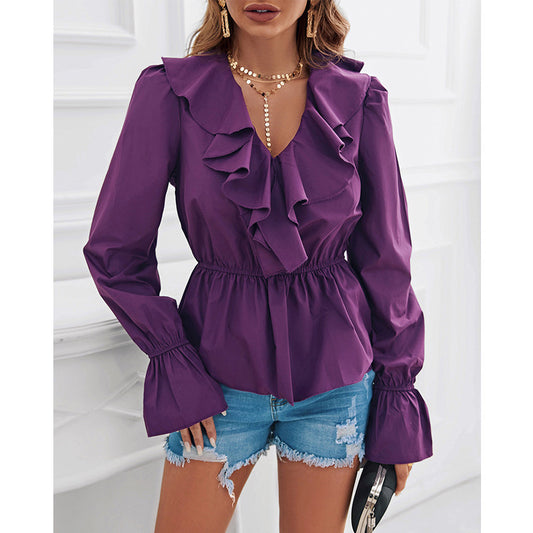 Ruffled V-neck Bottoming Purple Blouse