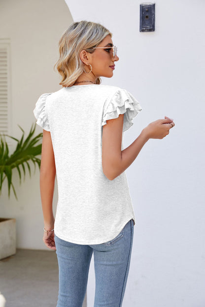 V-neck Pleated Short Sleeves Loose T-shirt