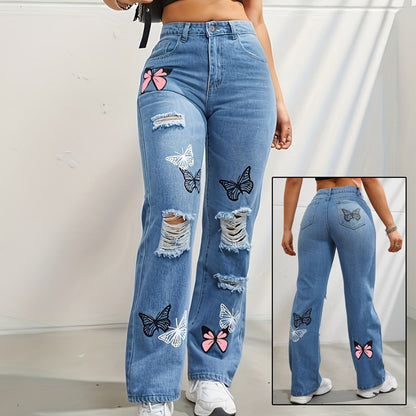 High Waisted Straight Leg Butterfly Jeans