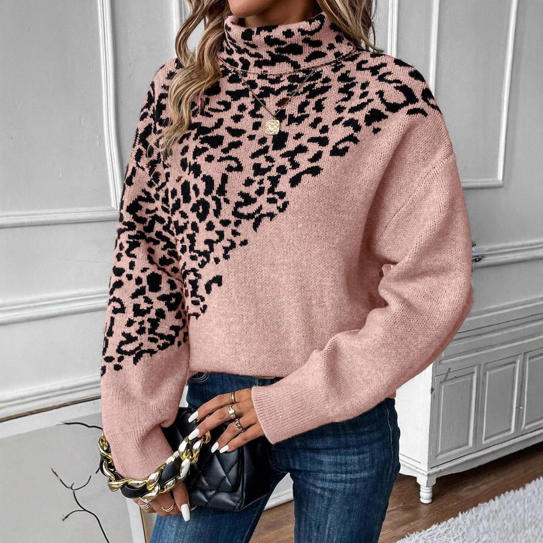 Turtleneck Leopard Print Long Sleeve Loose Sweater