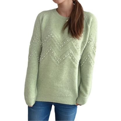 green Crew Neck Casual Long-sleeved Pearl Sweater