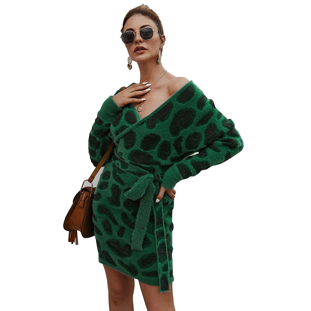 green Leopard print Dress with Long Sleeves