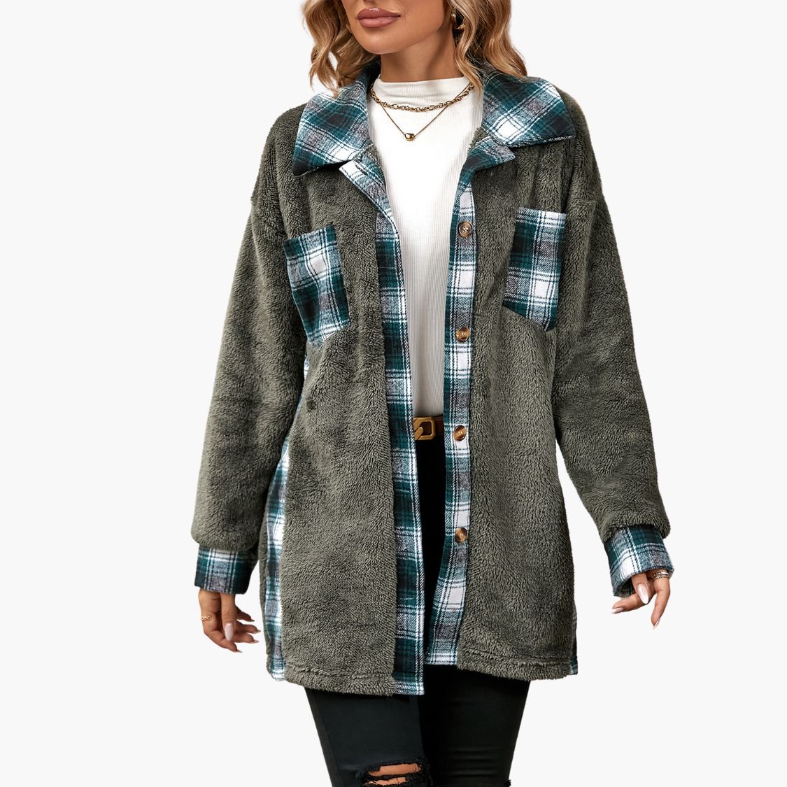 Plaid Woolen Coat Fashion Lapel breasted Mid-length Coat