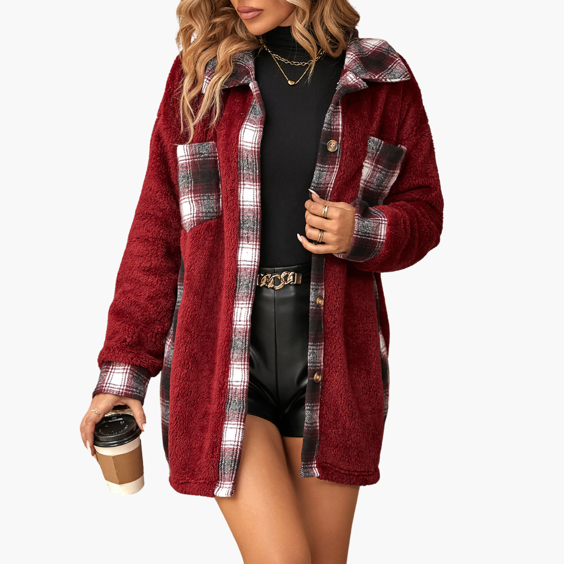 Plaid Woolen Coat Fashion Lapel breasted Mid-length Coat