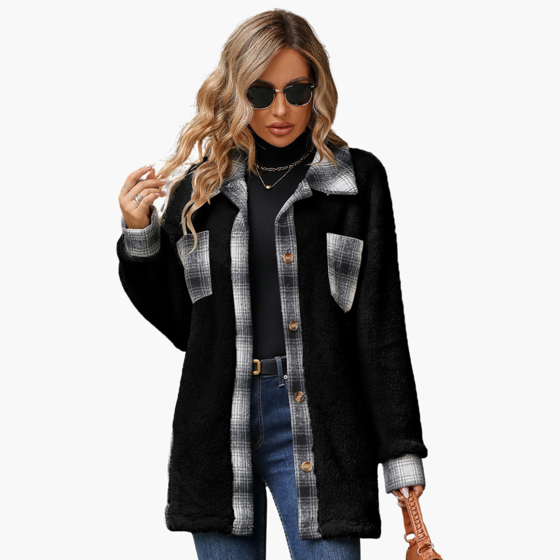 Plaid Woolen Coat Fashion Lapel breasted Mid-length Coat