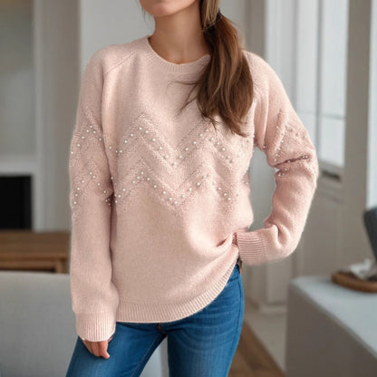 pink Crew Neck Casual Long-sleeved Pearl Sweater