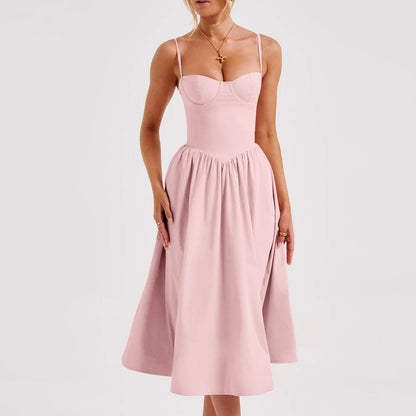 pink French Retro Style Long Straps Dress