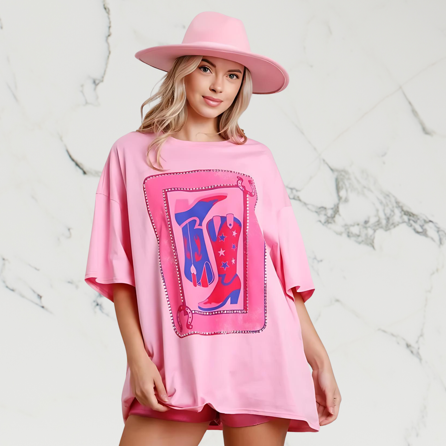 pink Printed Rhinestones Boots Women's T-shirt