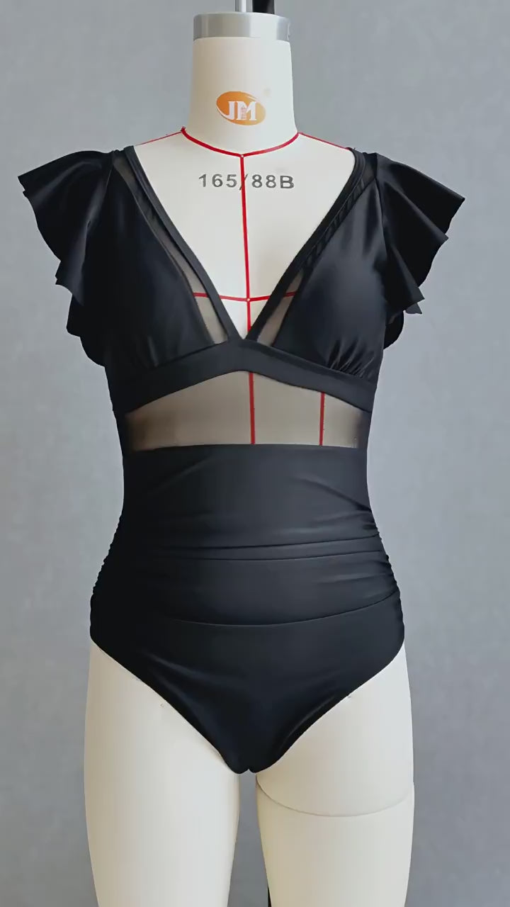 Black Swimsuit with Ruffled Sleeve.