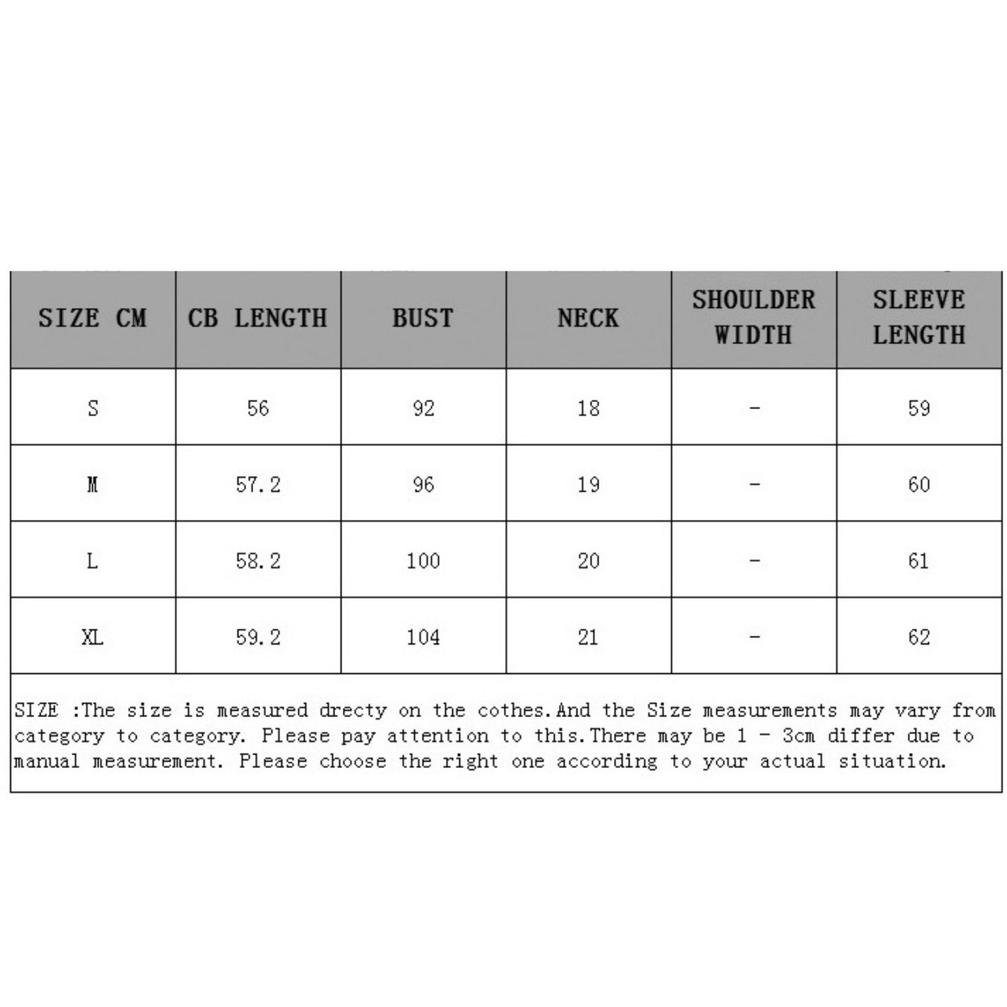 pullover_ size chart