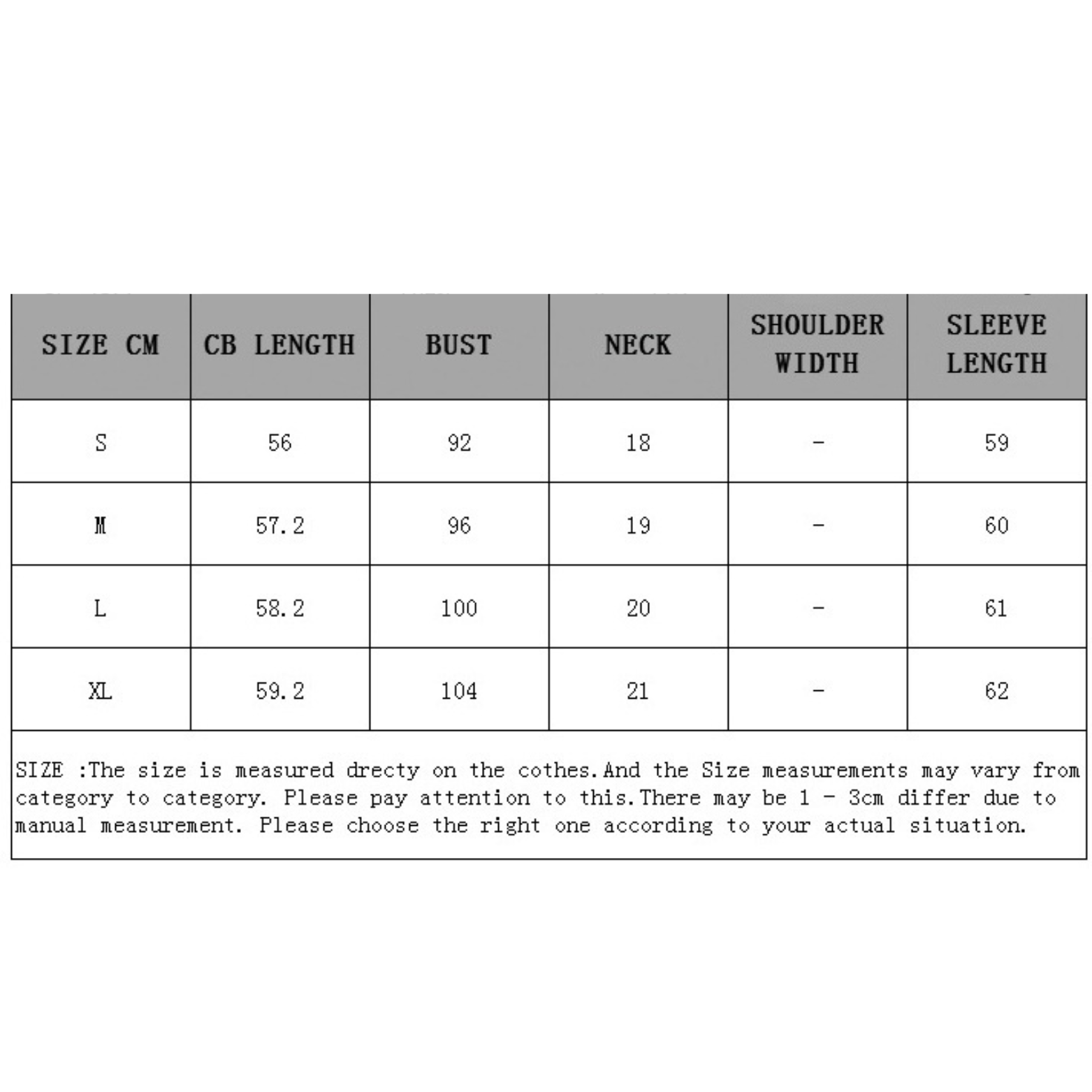 pullover_ size chart