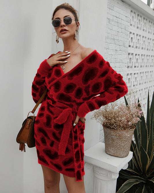 red Leopard print Dress with Long Sleeves