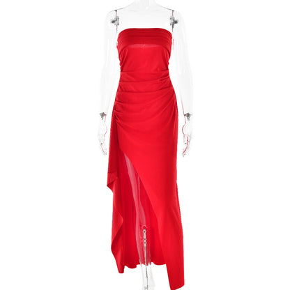 red dress- Strapless Split Long Pleated Dress