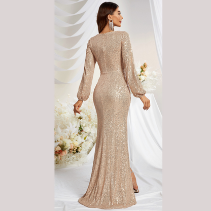 V Neck Long Sleeve High Slit Slim Fishtail Evening Sequined  Dress