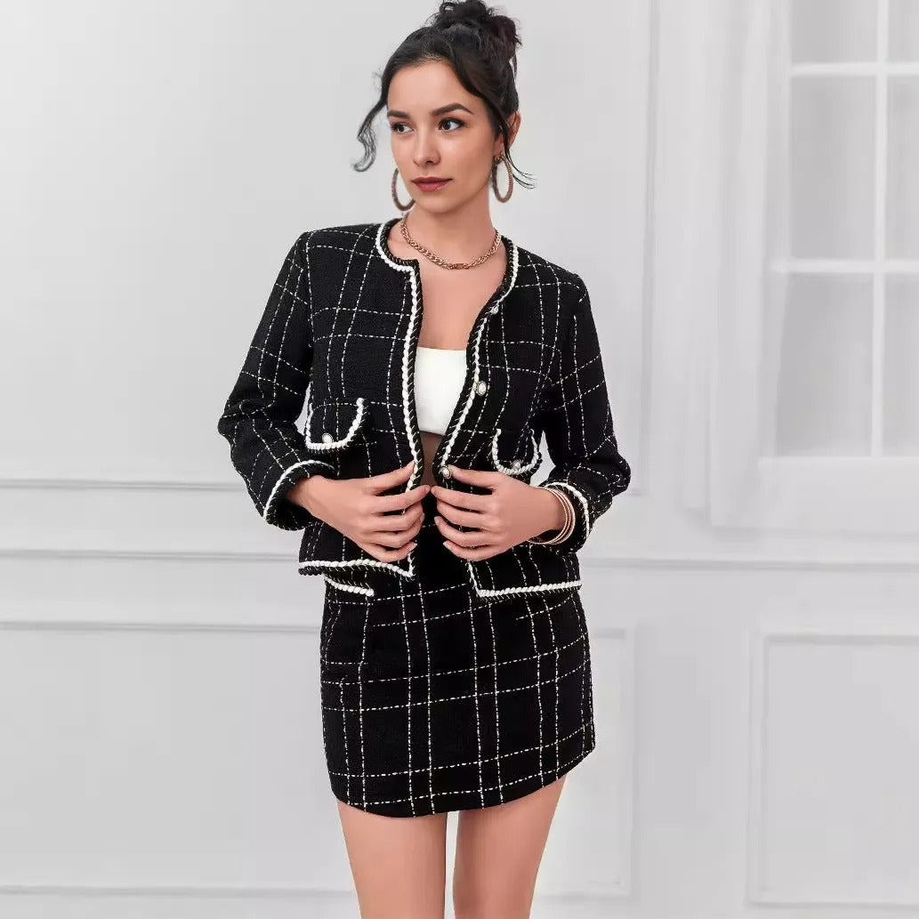 Black Slimming Tweed Skirt & Jacket Set - Magic Moon Store