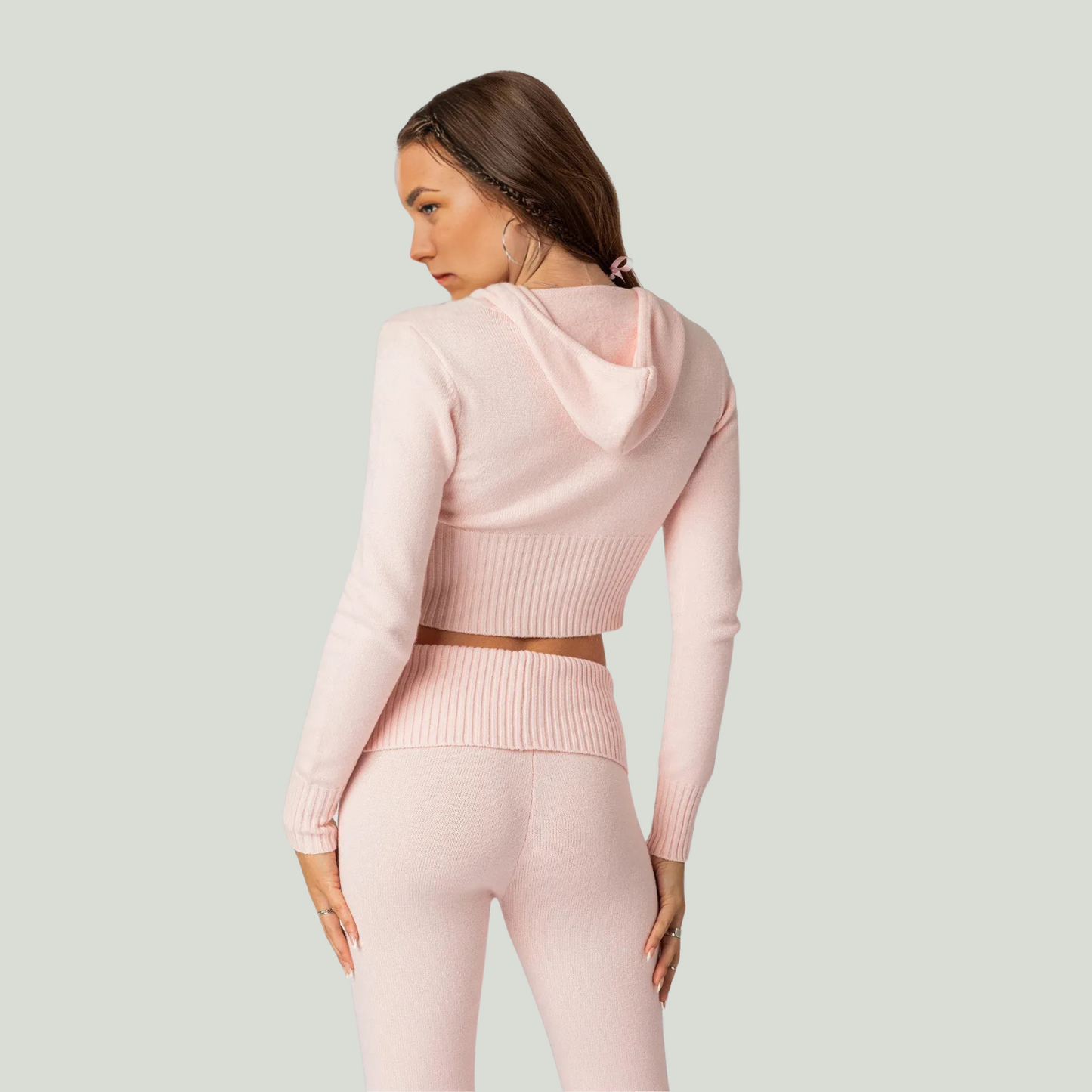 Knitted Hooded Long Sleeve Zipper Cropped Top And Slim Flared Pants Set