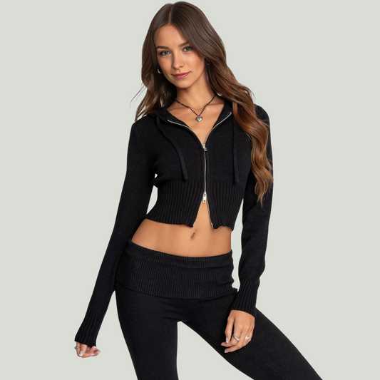 Knitted Hooded Long Sleeve Zipper Cropped Top And Slim Flared Pants Set