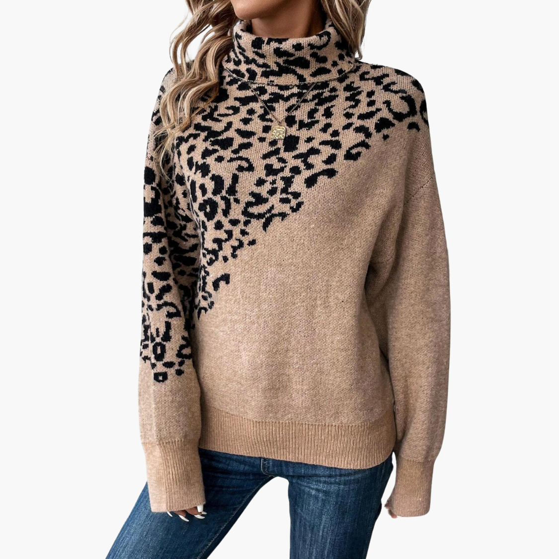 Turtleneck Leopard Print Long Sleeve Loose Sweater