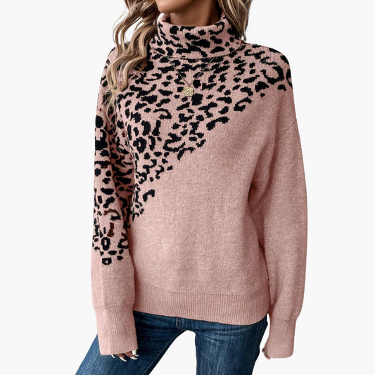 Turtleneck Leopard Print Long Sleeve Loose Sweater